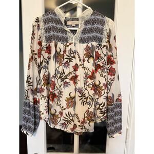 LOFT Floral Boho Peasant Blouse – XS – Cream Multi – Lace Trim